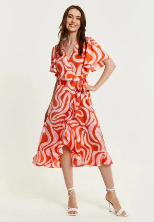 Liquorish Pink And Red Abstract Print Midi Wrap Dress