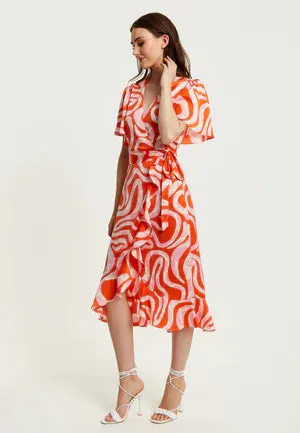 Liquorish Pink And Red Abstract Print Midi Wrap Dress