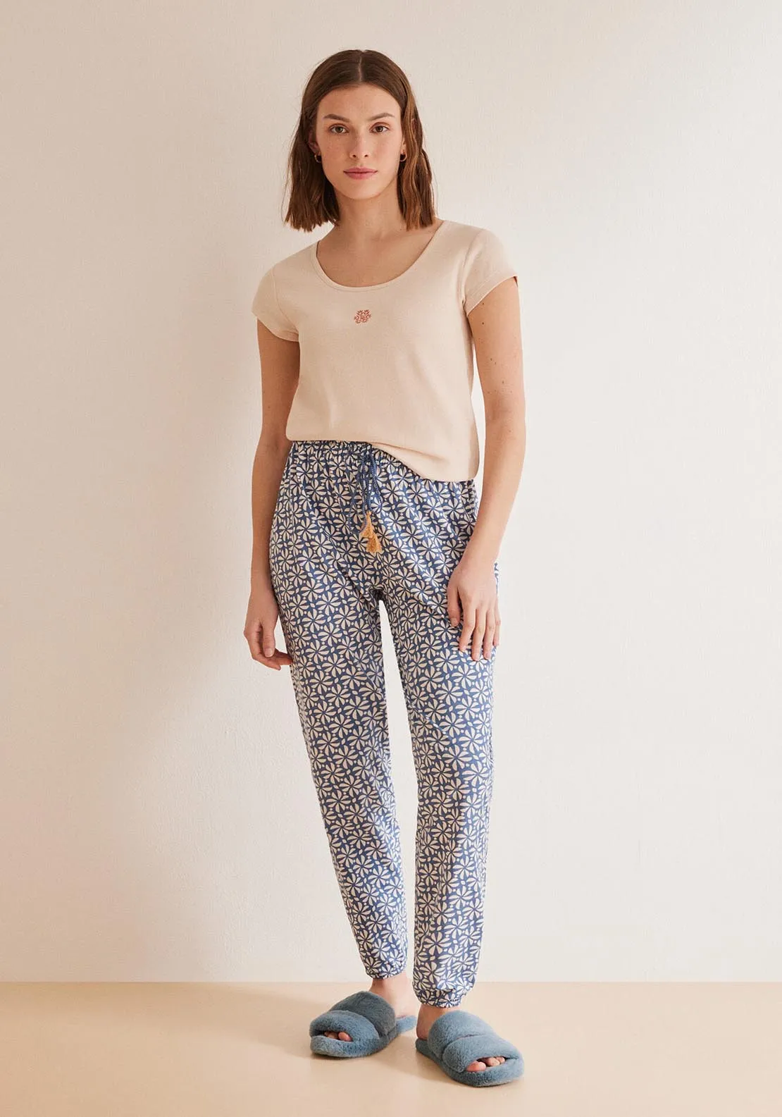 Long printed 100% cotton pyjama bottoms - Blue