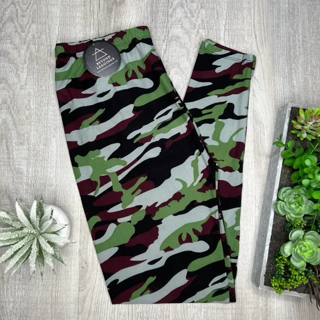 Maroon Green Camo Print Soft Leggings