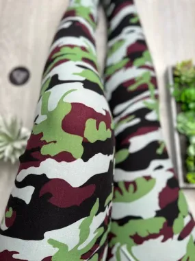 Maroon Green Camo Print Soft Leggings