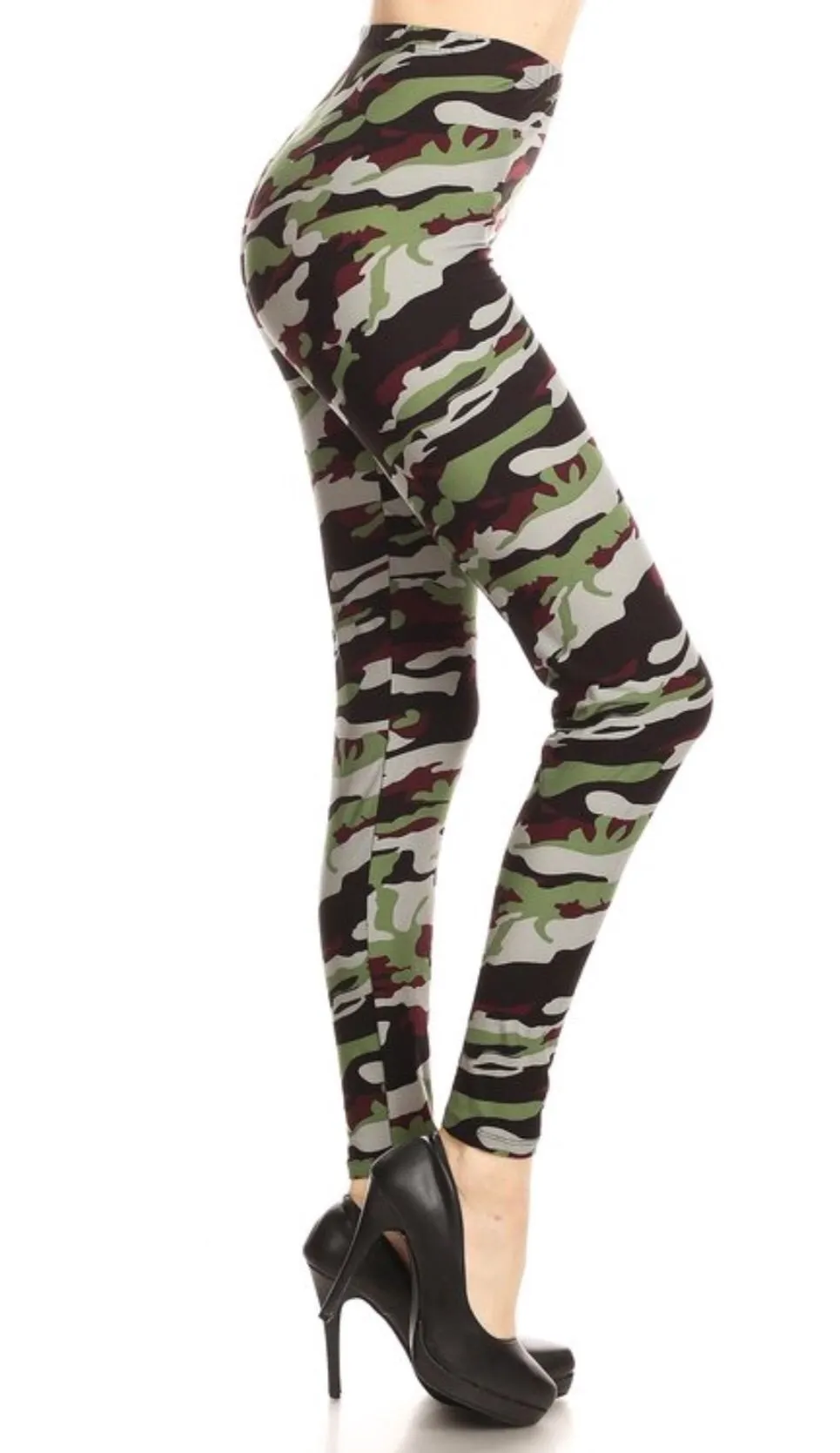 Maroon Green Camo Print Soft Leggings