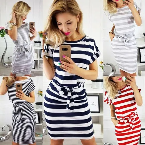 Pencil Skirt Casual Round Neck Printing Short Sleeve Printing Knee-length