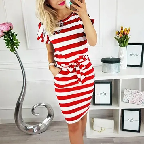 Pencil Skirt Casual Round Neck Printing Short Sleeve Printing Knee-length