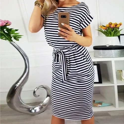 Pencil Skirt Casual Round Neck Printing Short Sleeve Printing Knee-length