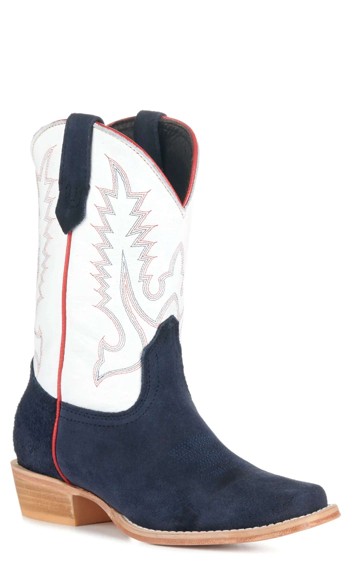 R. Watson Kid's White and Navy Suede Punchy Square Toe Cowboy Boots