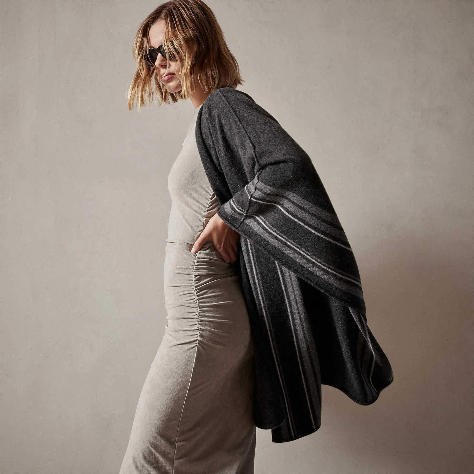 Recycled Cashmere Striped Poncho - Coal