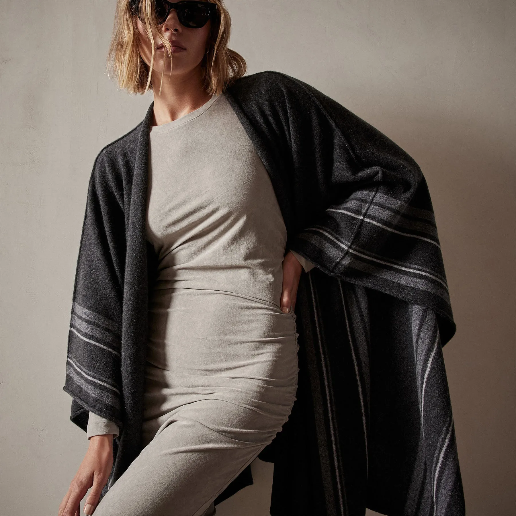 Recycled Cashmere Striped Poncho - Coal