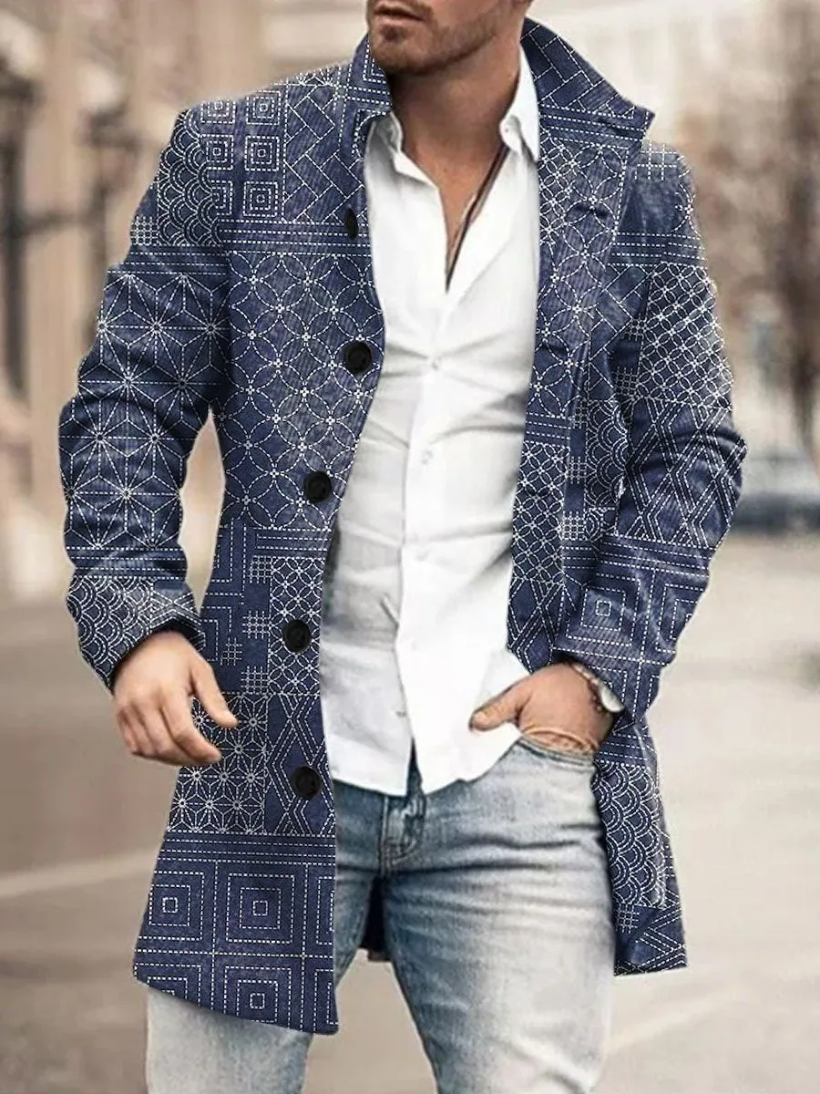 Retro Ethnic Style Geometric Print Stand Collar Single Breasted Double Pocket Woolen Coat