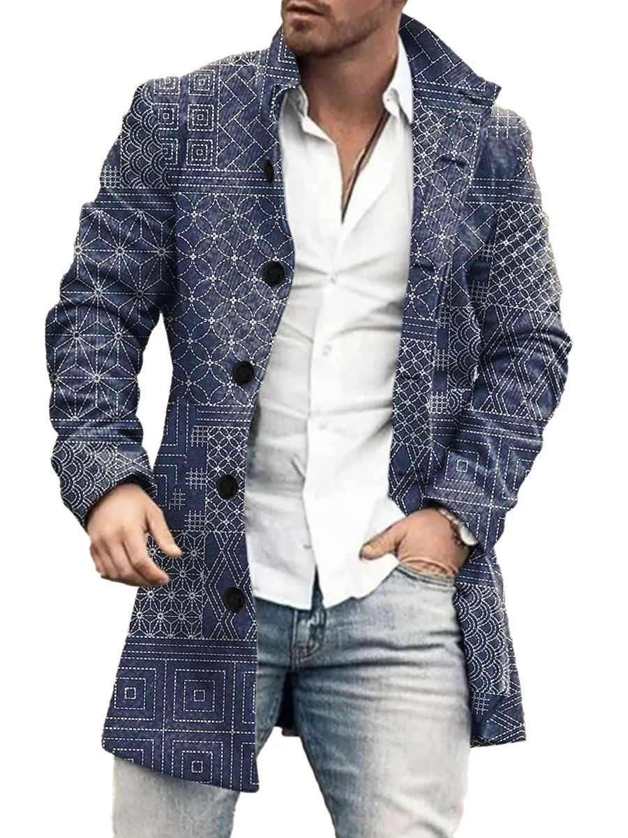 Retro Ethnic Style Geometric Print Stand Collar Single Breasted Double Pocket Woolen Coat