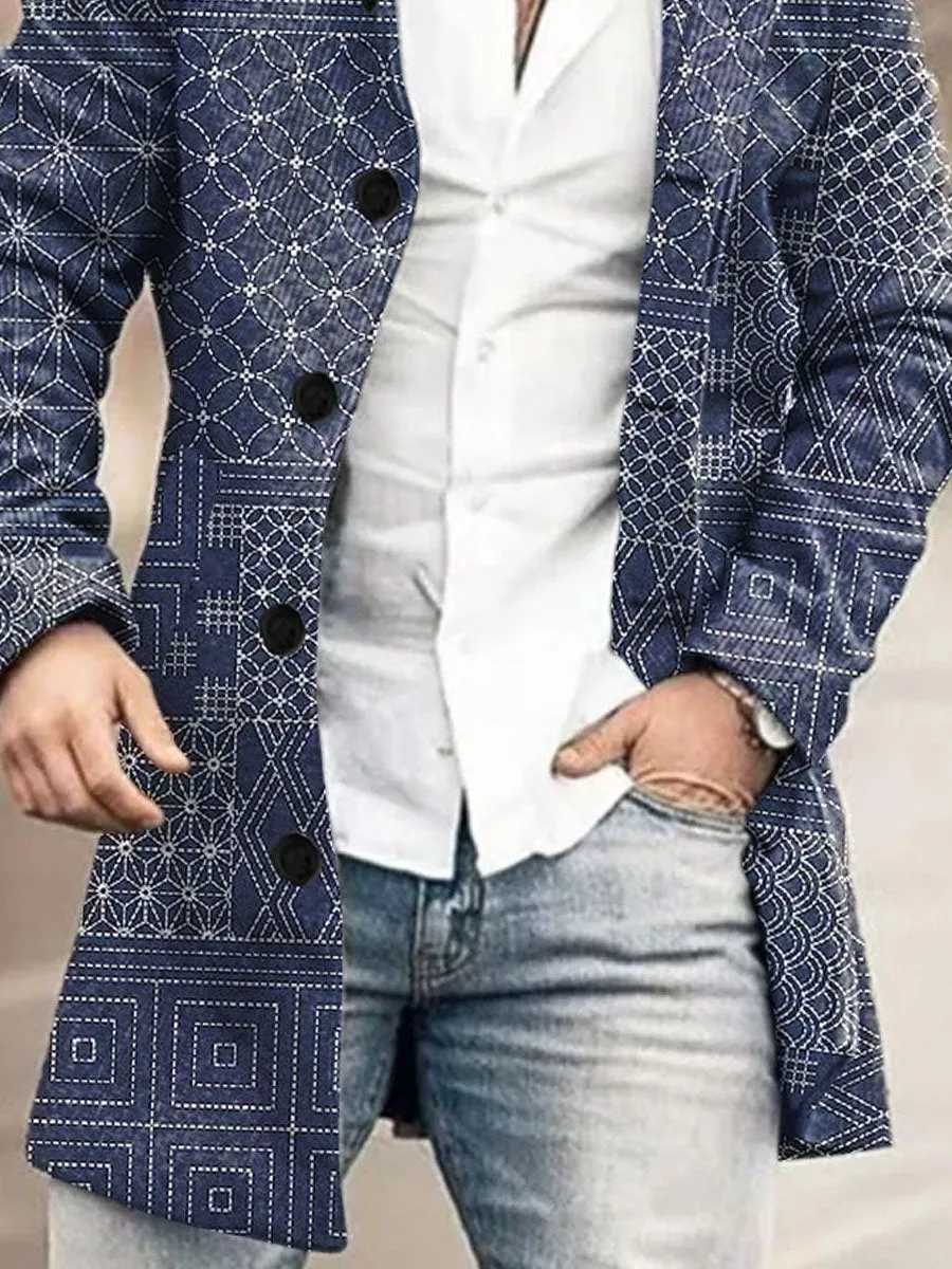 Retro Ethnic Style Geometric Print Stand Collar Single Breasted Double Pocket Woolen Coat