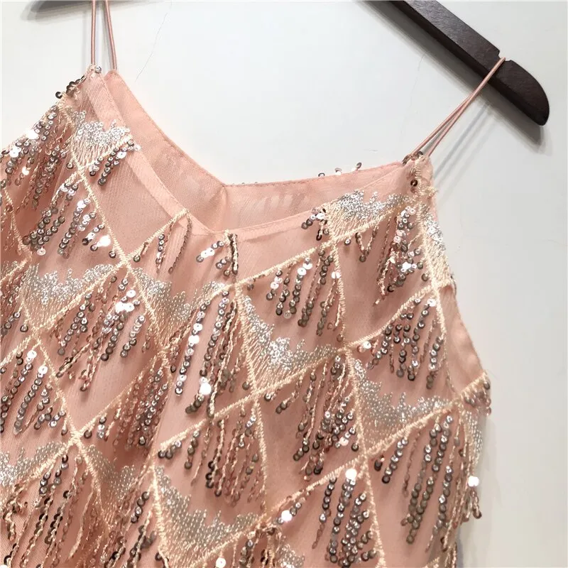 Sexy Hollow Out Women Lace Camis Bead Work Women Tanks Tops Bling Bling Rose Pink Tassel Sequins