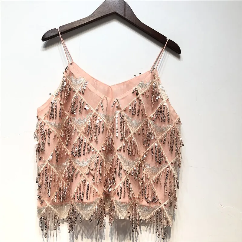 Sexy Hollow Out Women Lace Camis Bead Work Women Tanks Tops Bling Bling Rose Pink Tassel Sequins