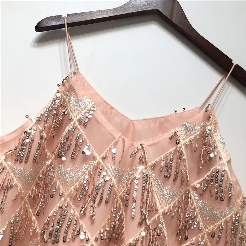 Sexy Hollow Out Women Lace Camis Bead Work Women Tanks Tops Bling Bling Rose Pink Tassel Sequins