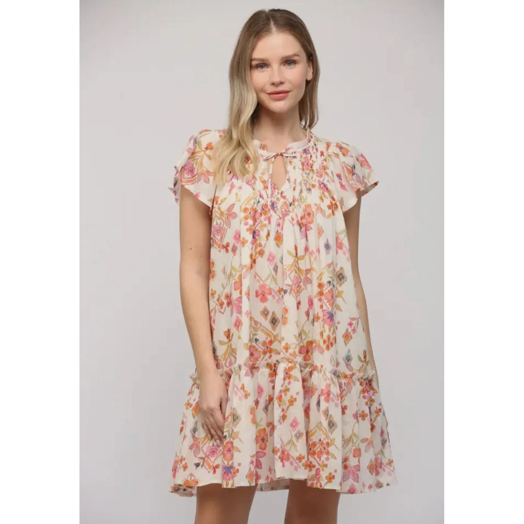 Shayla Floral Pintuck Flutter Sleeve Fate Dress