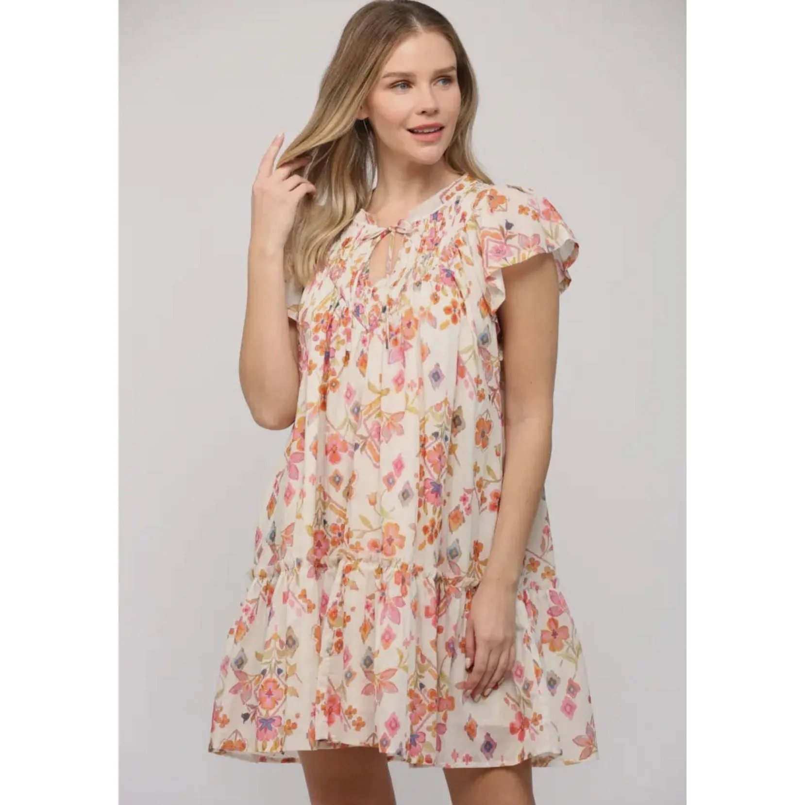 Shayla Floral Pintuck Flutter Sleeve Fate Dress