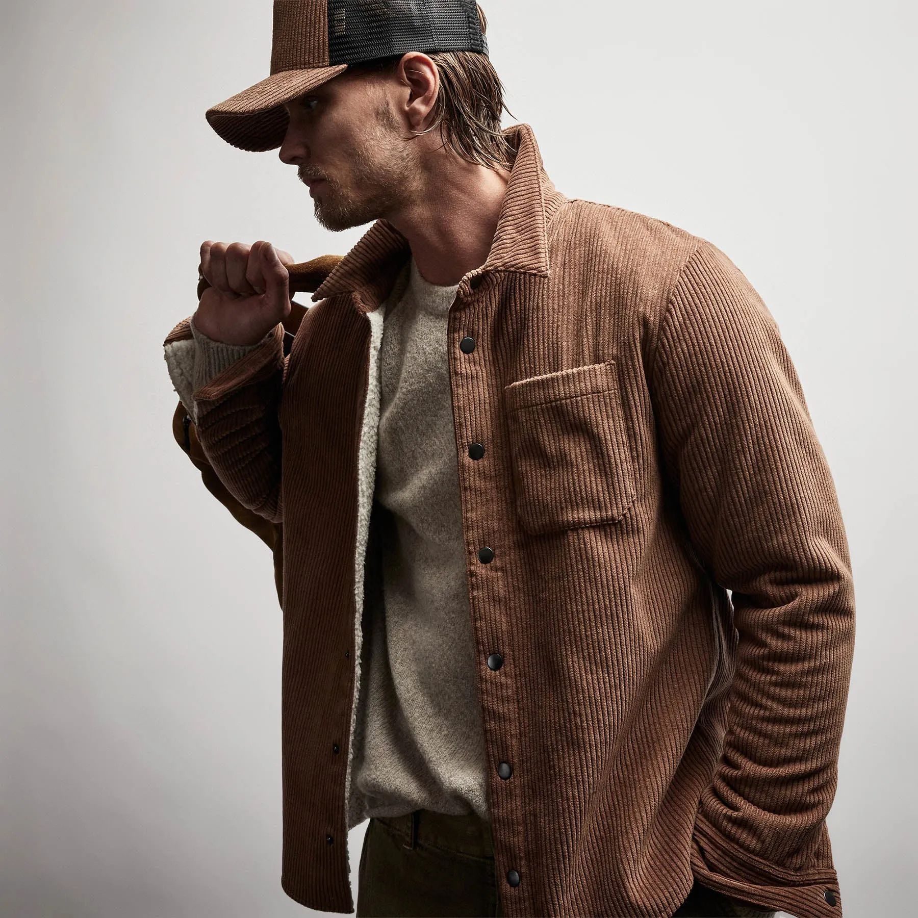 Sherpa Lined Corduroy Shirt Jacket - Chestnut