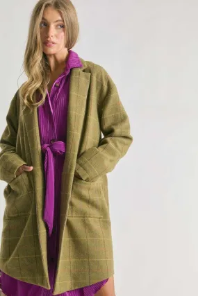 Split Pea Mid Length Tweed Plaid Coat