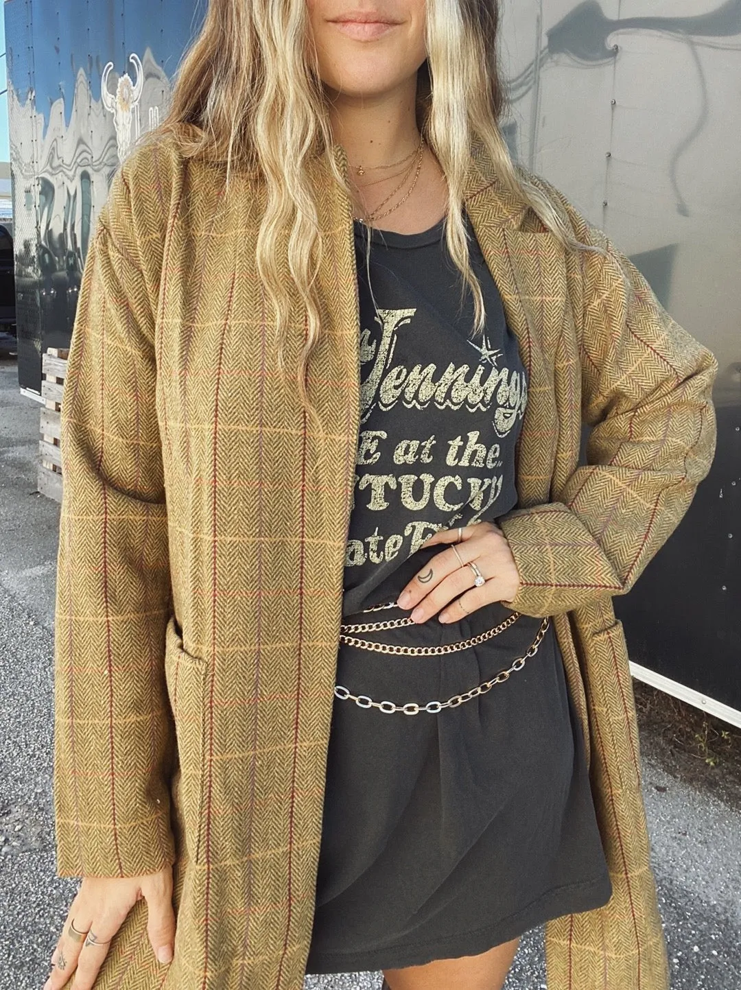 Split Pea Mid Length Tweed Plaid Coat