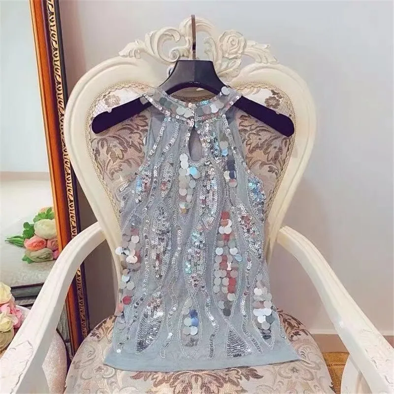 Summer New Style Elegant Halter Sleeveless Shirt Women Tank Slim Tops Shirts Blusas sequins Club Wear