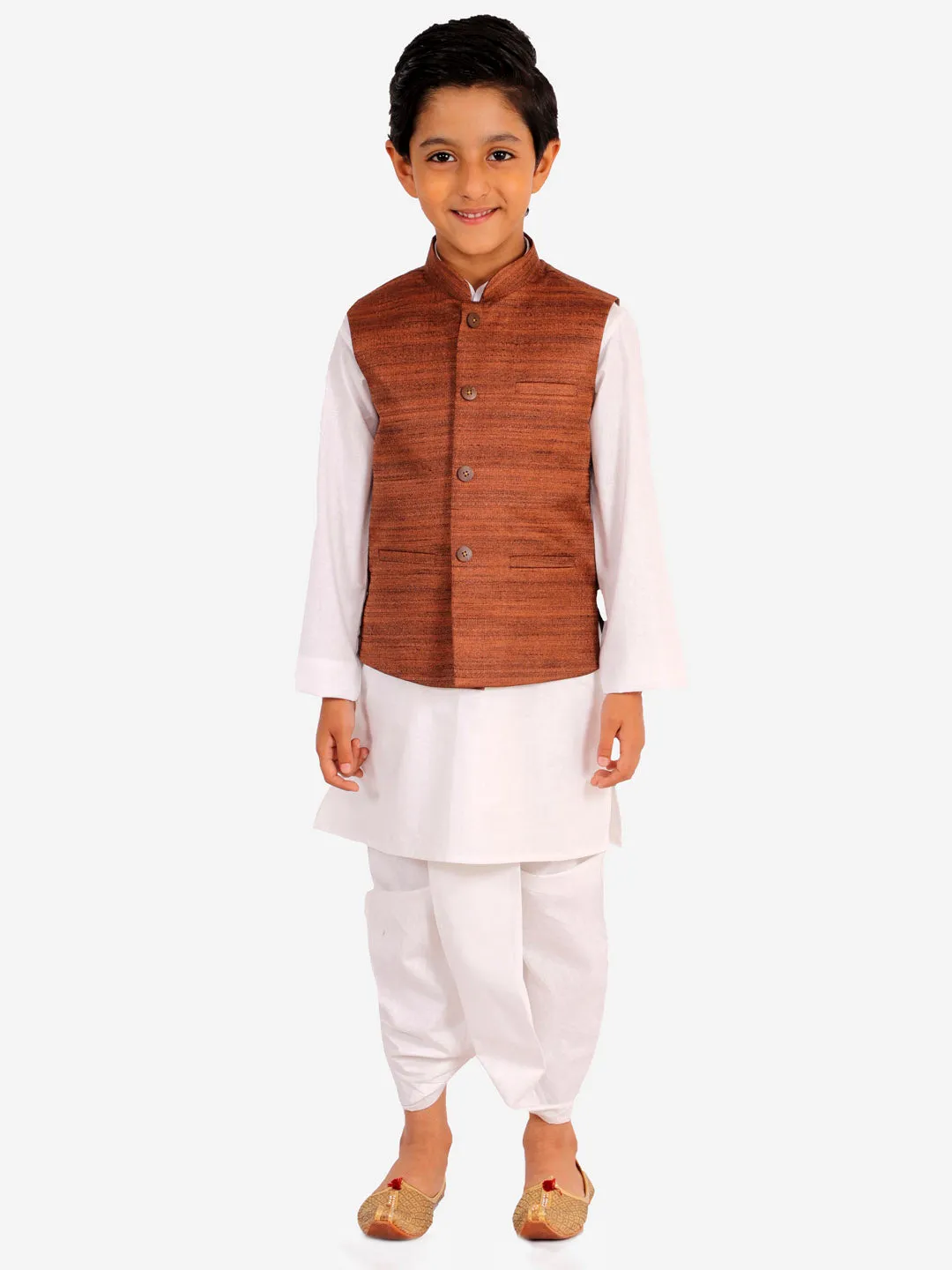 Vastramay Brown And White Matka Silk Jacket, Kurta and Dhoti Set