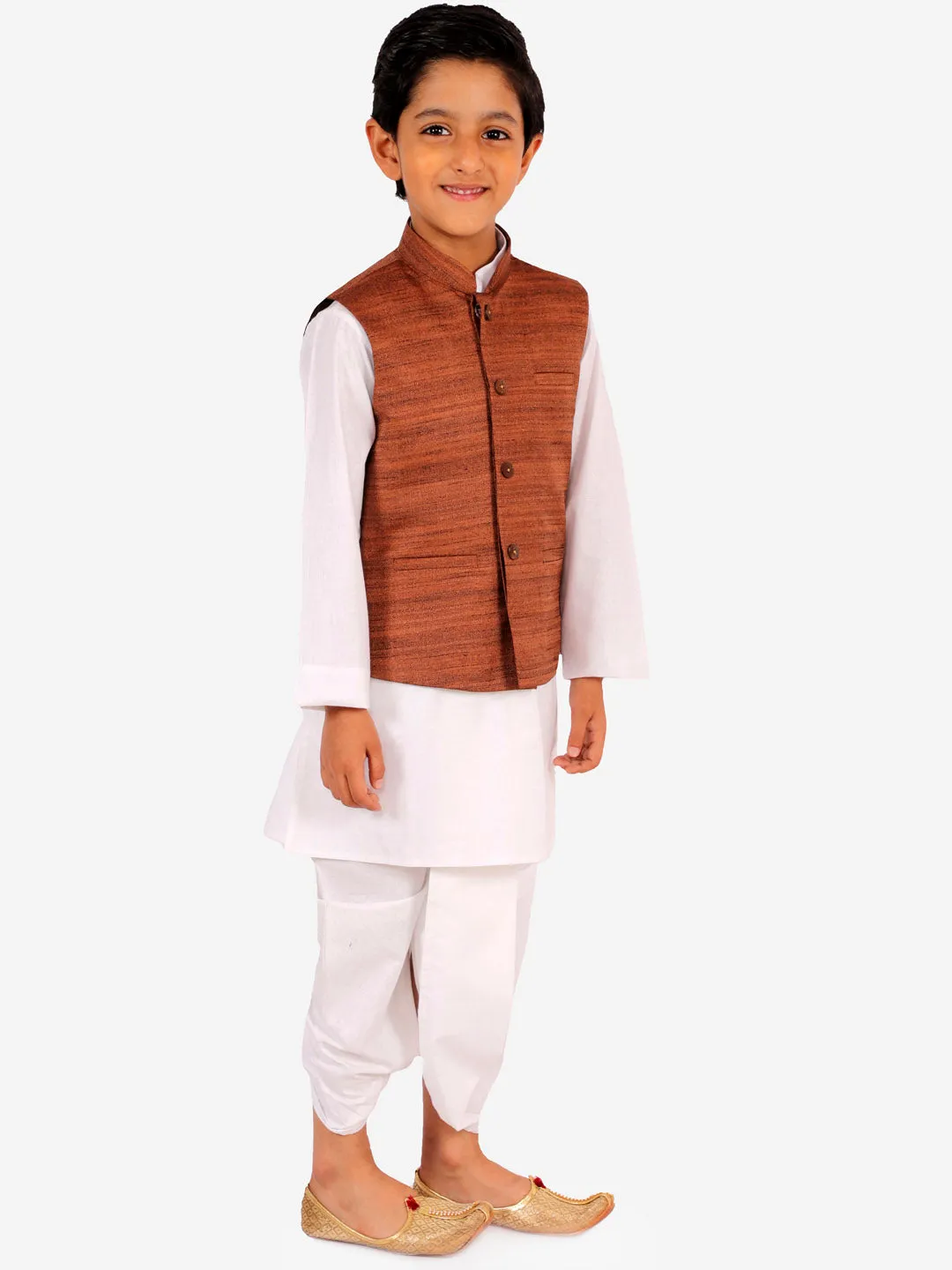 Vastramay Brown And White Matka Silk Jacket, Kurta and Dhoti Set