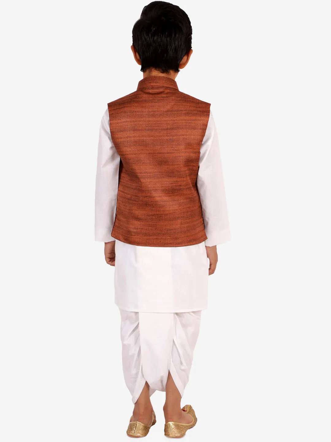 Vastramay Brown And White Matka Silk Jacket, Kurta and Dhoti Set