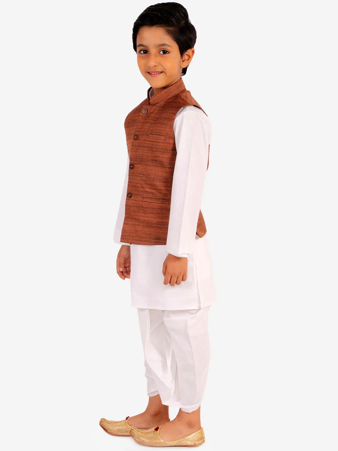 Vastramay Brown And White Matka Silk Jacket, Kurta and Dhoti Set