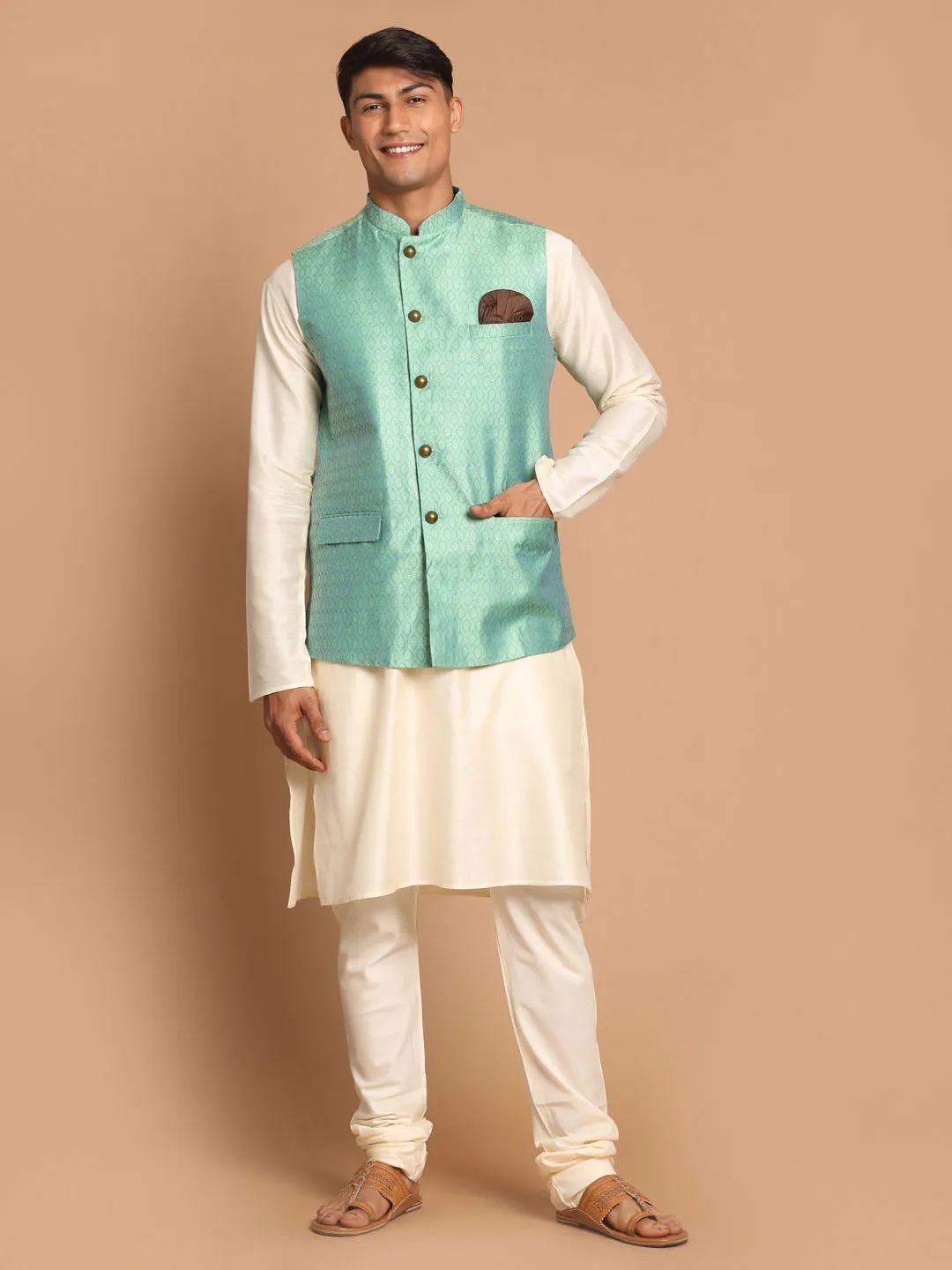 VASTRAMAY Men's Green Jacquard Nehru Jacket with Kurta Pyjama Set