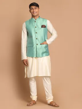 VASTRAMAY Men's Green Jacquard Nehru Jacket with Kurta Pyjama Set