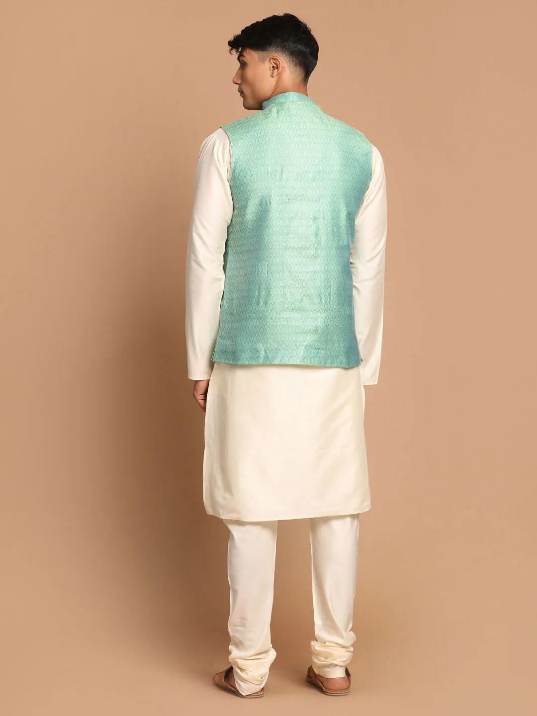 VASTRAMAY Men's Green Jacquard Nehru Jacket with Kurta Pyjama Set