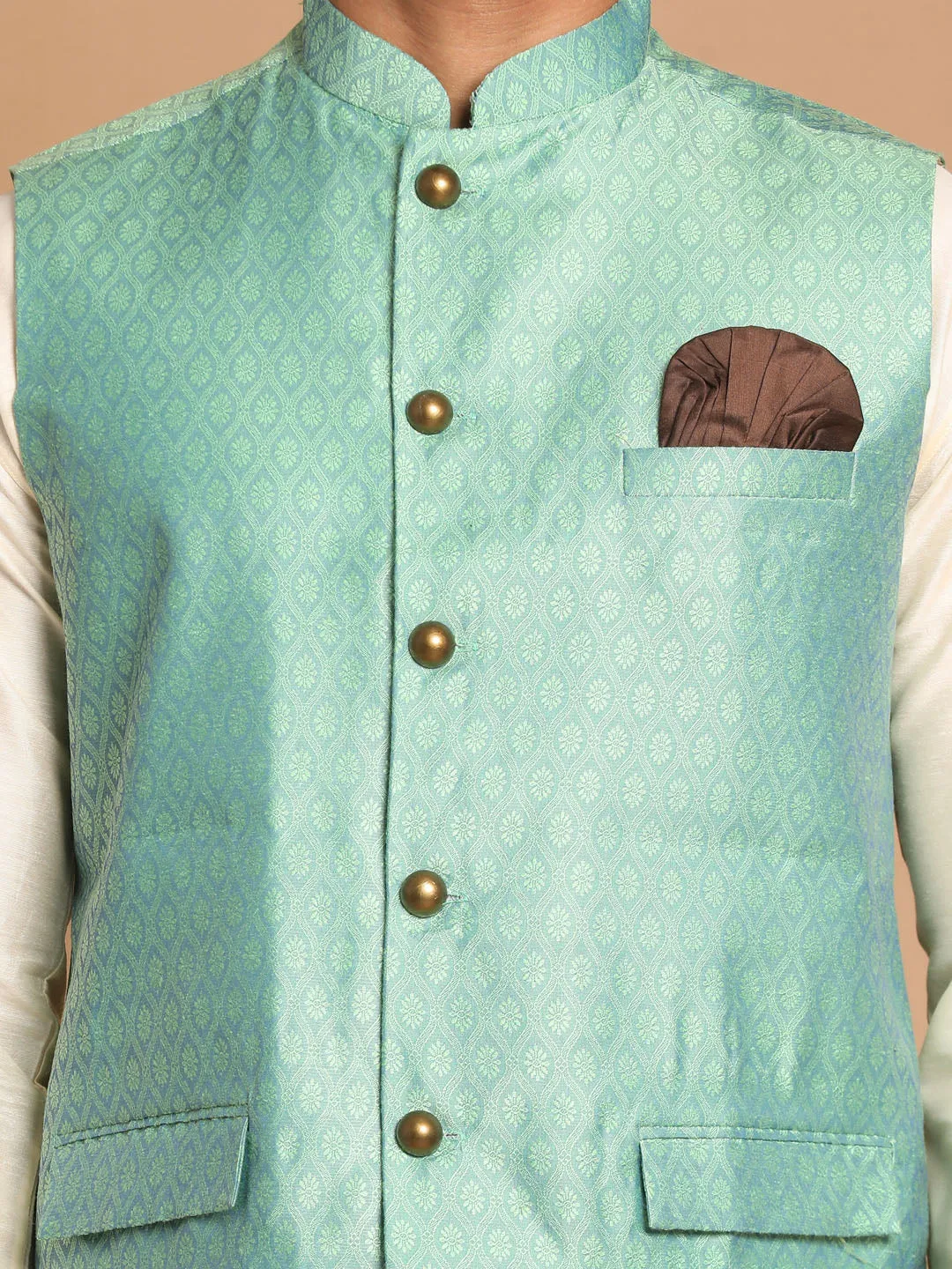 VASTRAMAY Men's Green Jacquard Nehru Jacket with Kurta Pyjama Set