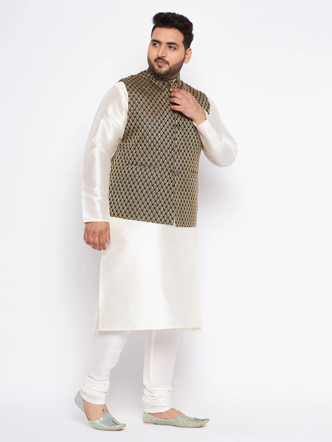 VASTRAMAY Men's Plus Size  Black Ethnic Jacket With Cream Silk Blend Kurta and Pyjama Set