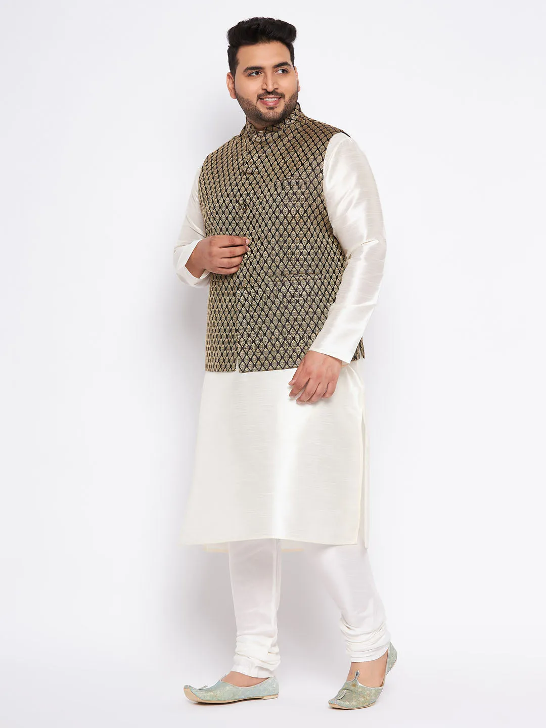 VASTRAMAY Men's Plus Size  Black Ethnic Jacket With Cream Silk Blend Kurta and Pyjama Set