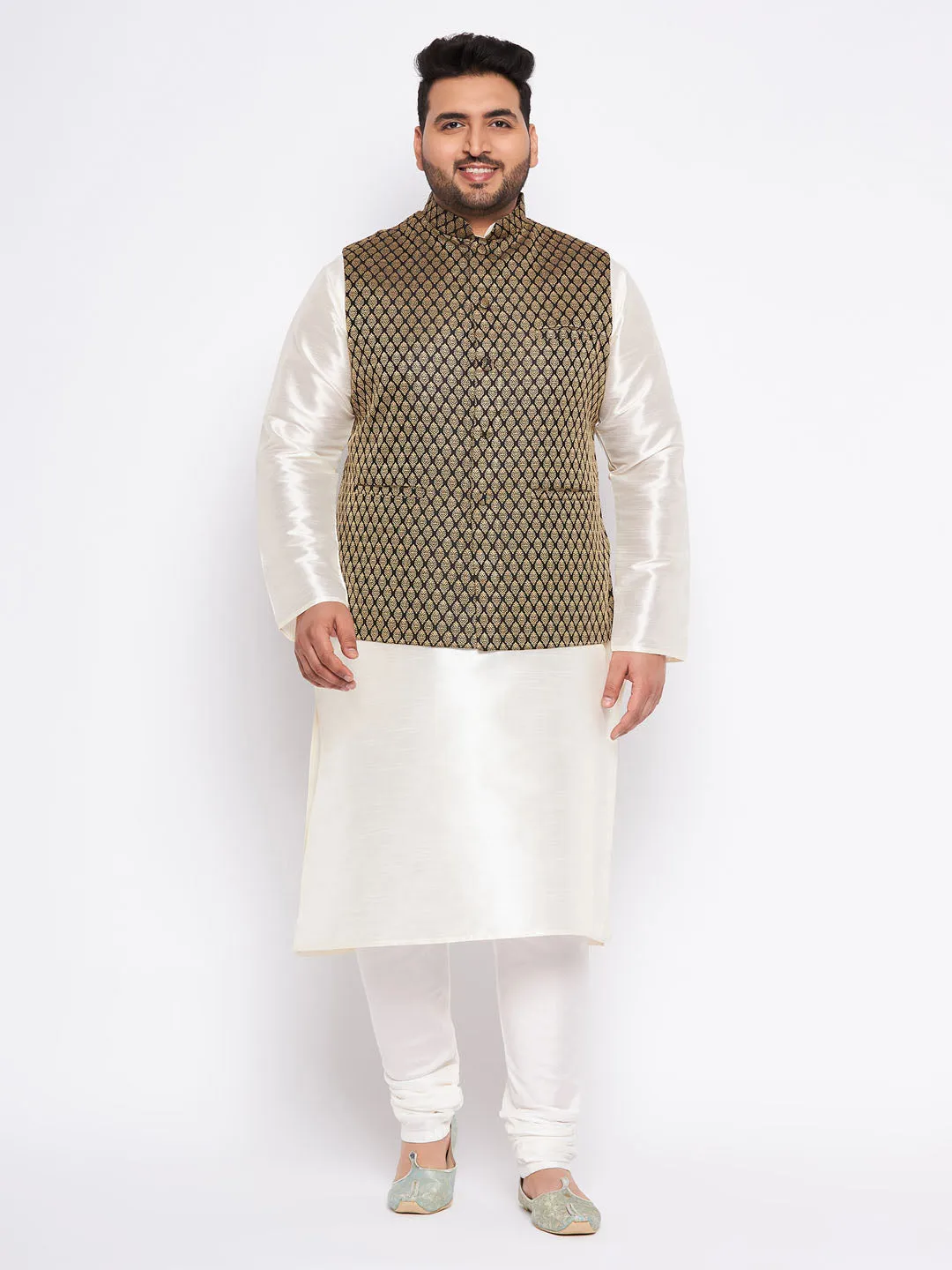 VASTRAMAY Men's Plus Size  Black Ethnic Jacket With Cream Silk Blend Kurta and Pyjama Set