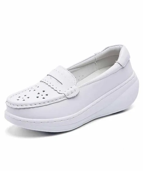 White penny hollow slip on rocker bottom sneaker