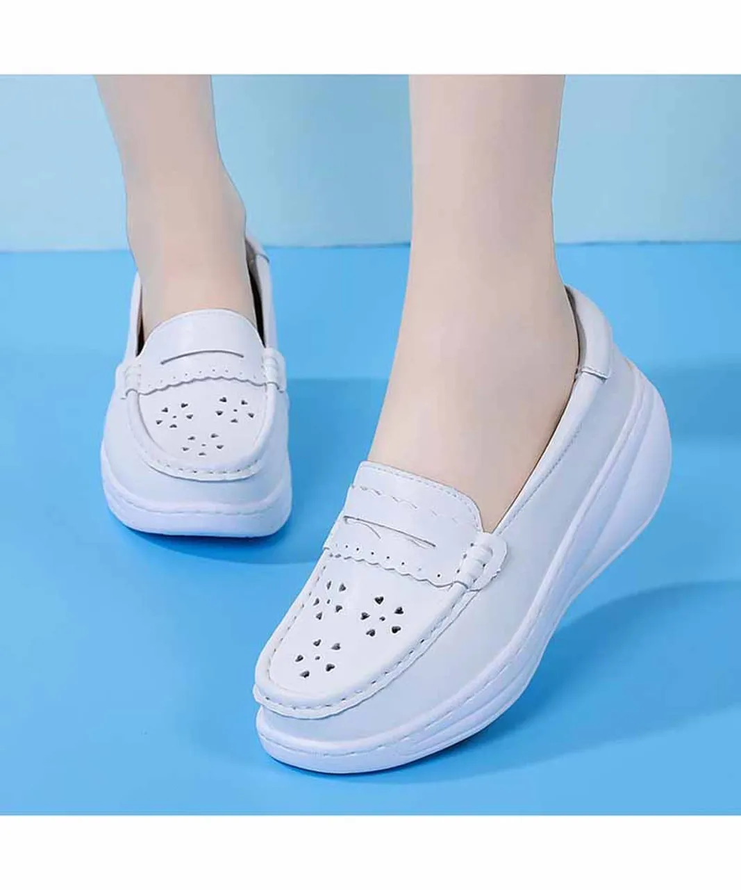 White penny hollow slip on rocker bottom sneaker