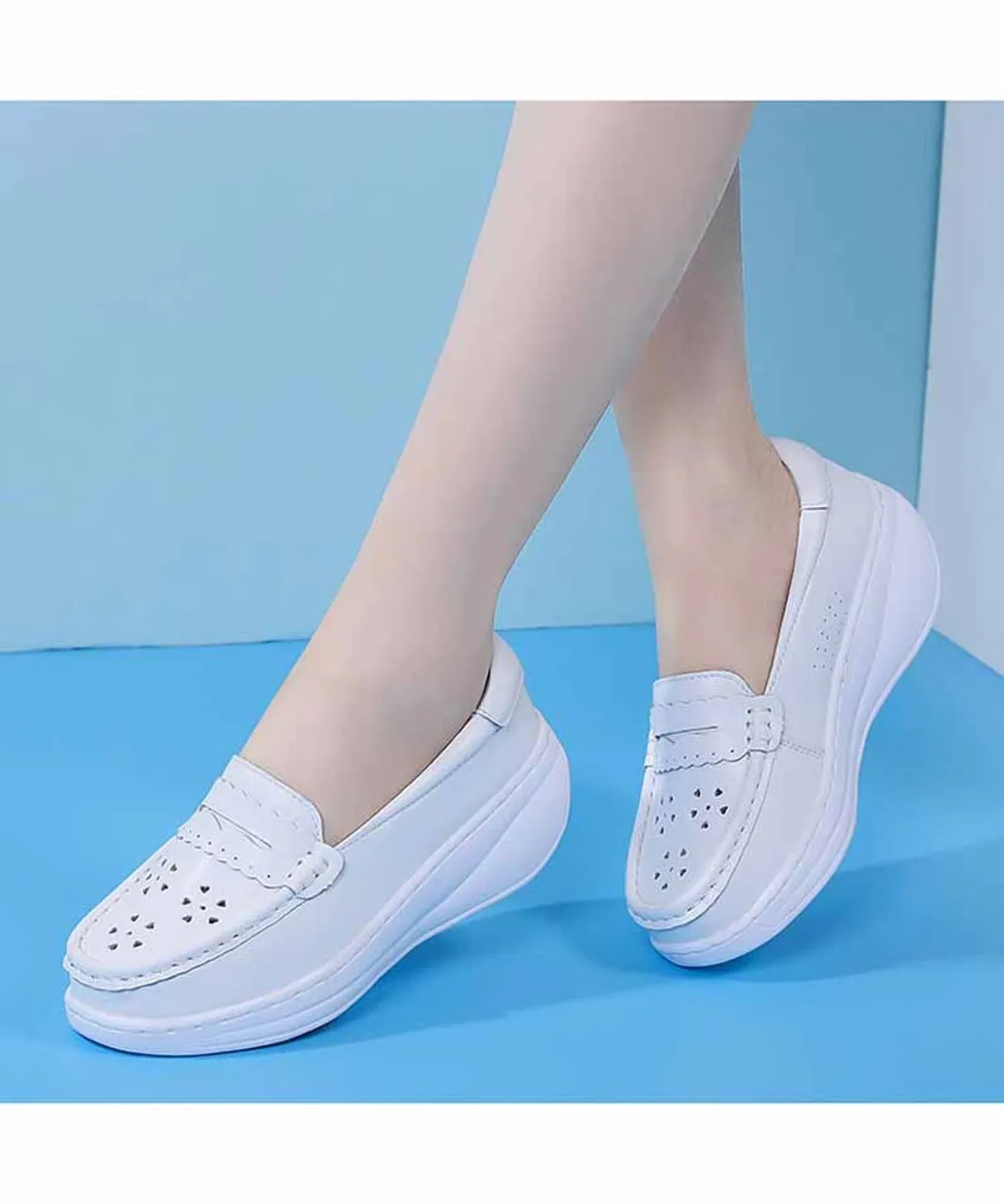 White penny hollow slip on rocker bottom sneaker