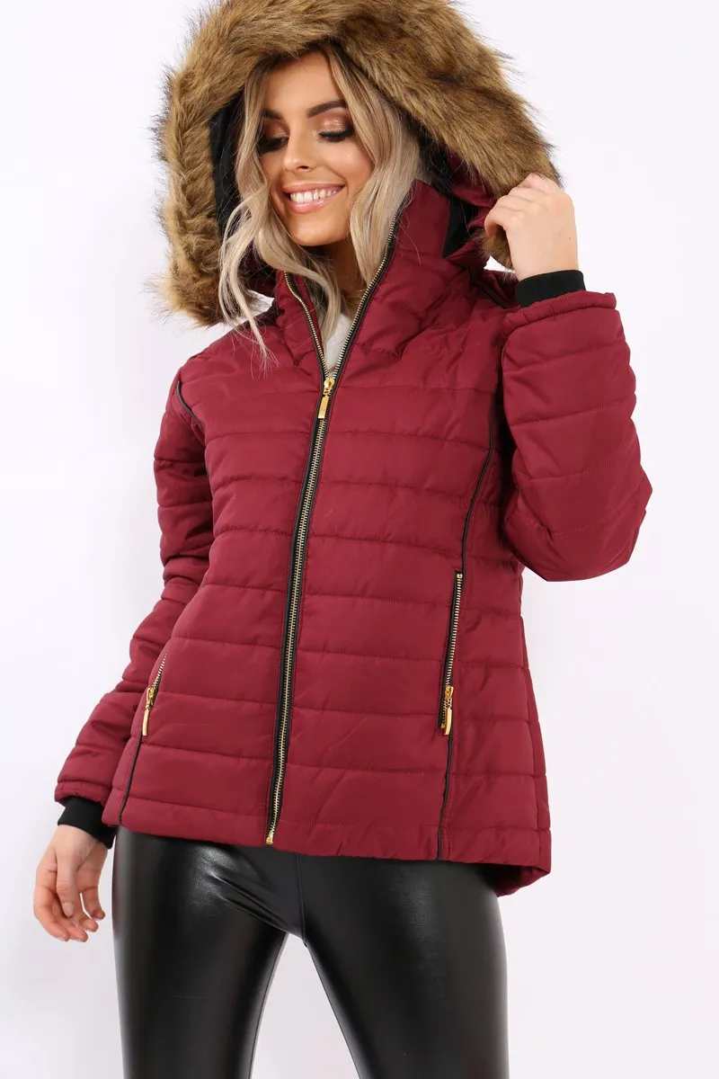 Wine Padded Coat with Fur Hood - Francesca