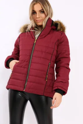 Wine Padded Coat with Fur Hood - Francesca