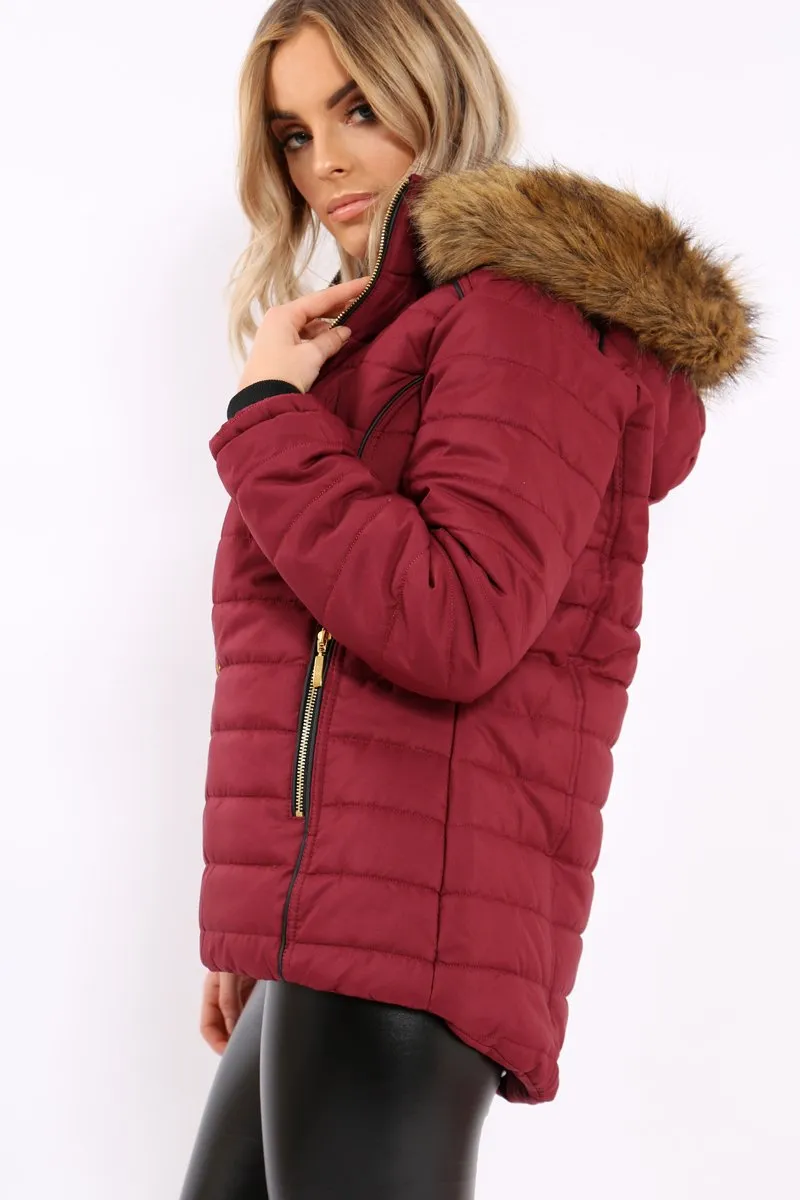 Wine Padded Coat with Fur Hood - Francesca