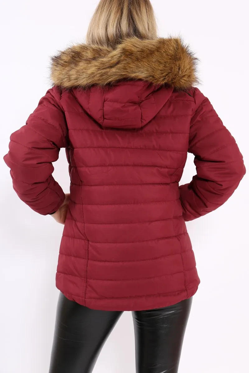 Wine Padded Coat with Fur Hood - Francesca