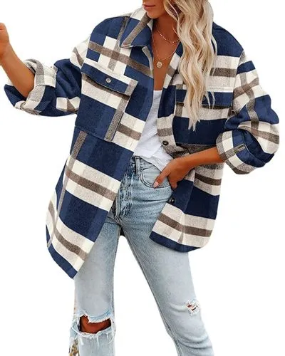 Women's British Style Plaid Pocket Single Breasted Coat Woolen Coat