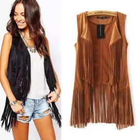 Women's Fashion Solid Color Patchwork Tassel Placket Vest Coat