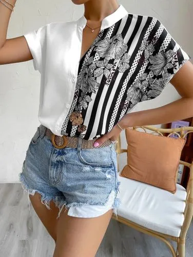 Women's Racerback Tank Tops Short Sleeve Blouses Elegant Stripe