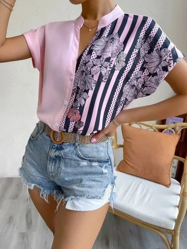 Women's Racerback Tank Tops Short Sleeve Blouses Elegant Stripe