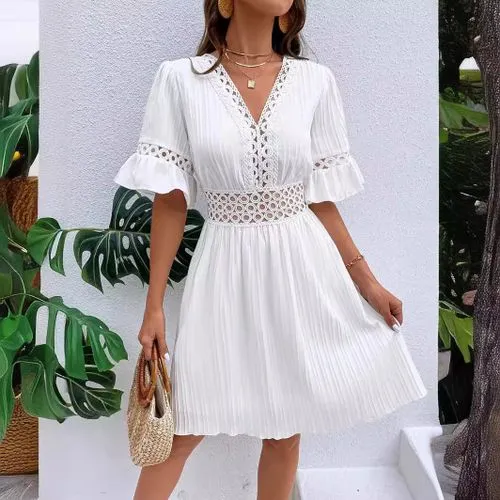 Women's Regular Dress Elegant Streetwear V Neck Lace Half Sleeve Solid Color Knee-Length Holiday Daily