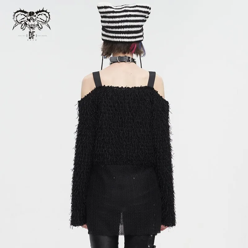 Women's Punk Irregular Off Shoulder Fluffy Sweater