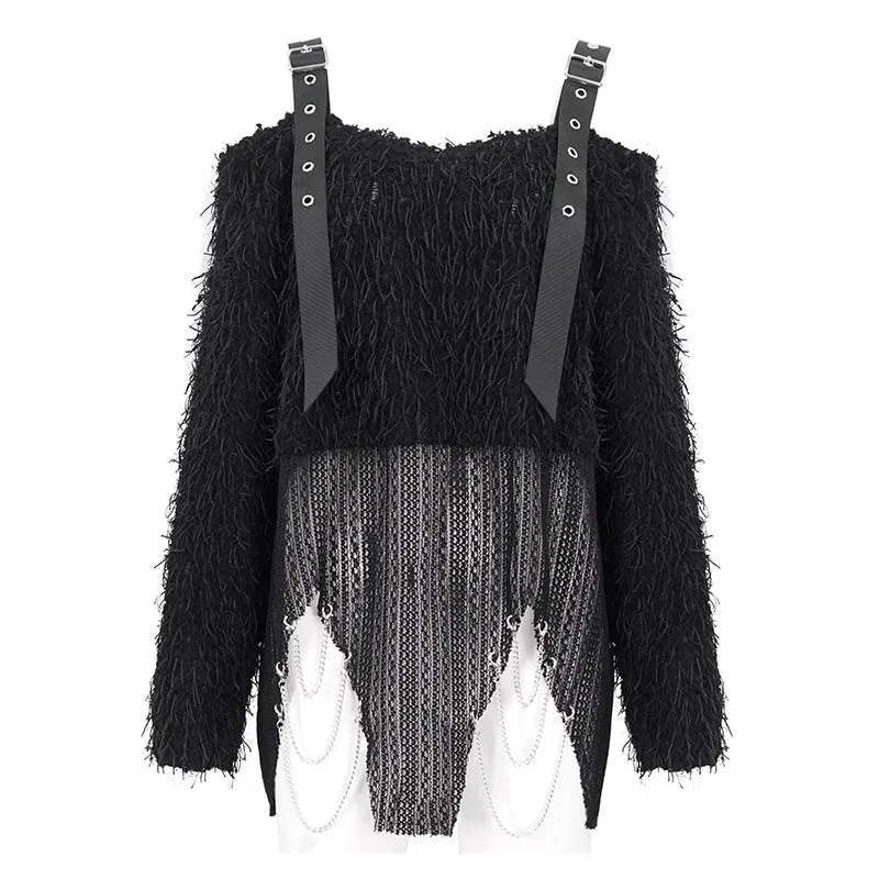 Women's Punk Irregular Off Shoulder Fluffy Sweater