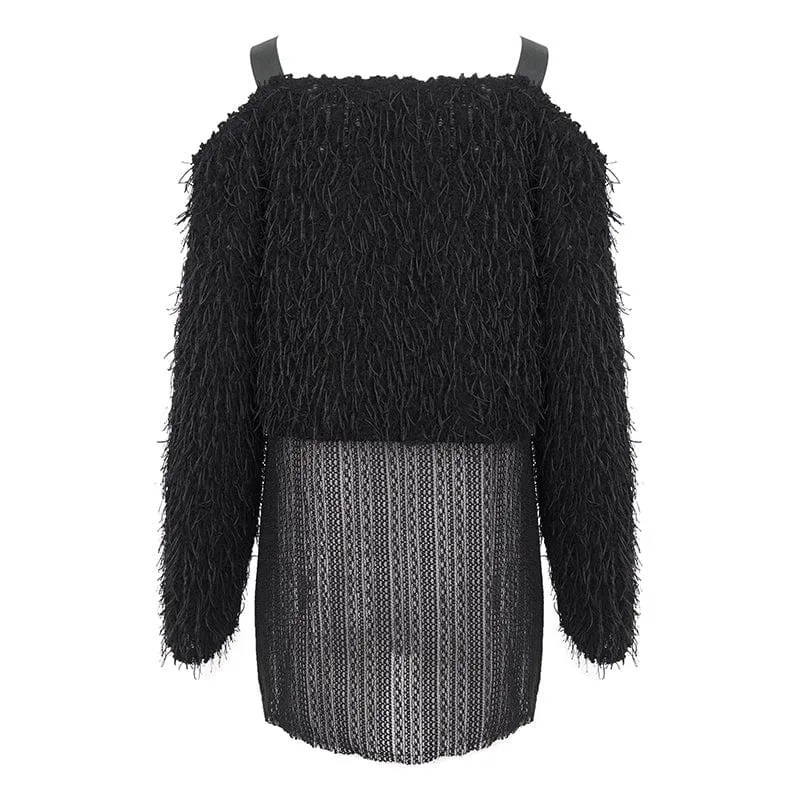 Women's Punk Irregular Off Shoulder Fluffy Sweater